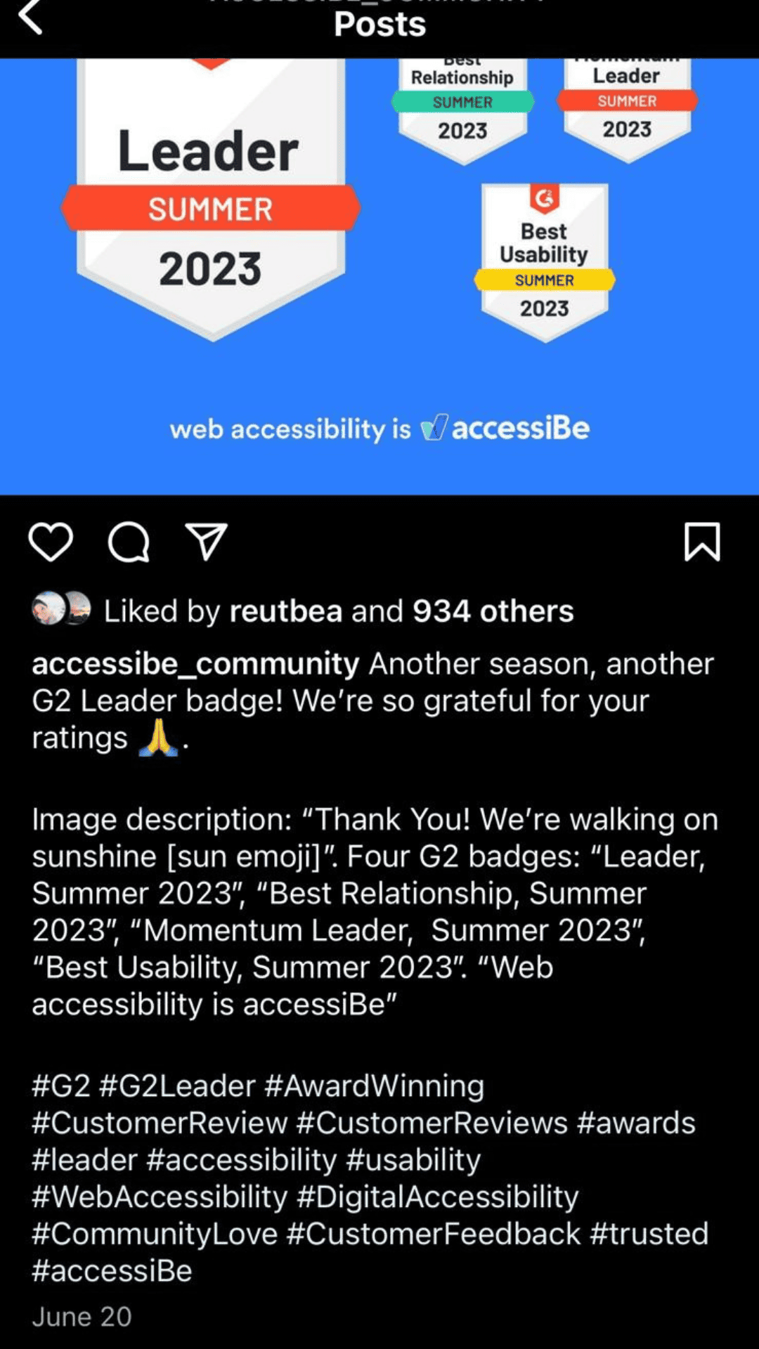 Instagram post by Baked Cravings NY of their logo on the accessiBe design that says We're proud our website counts. The accessiBe logo and the Global Accessibility Awareness Day logo. The post has 1,041 likes.