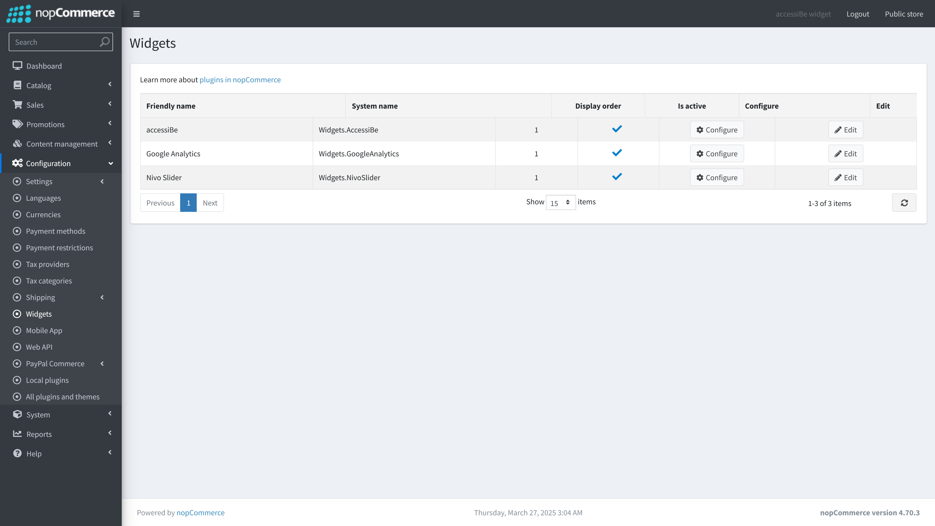 Screenshot of nopCommerce widgets